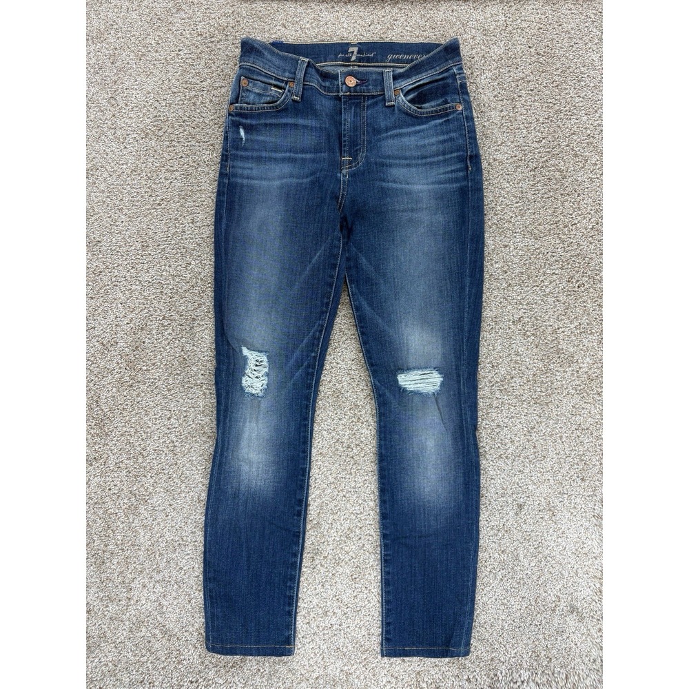 7 For All Mankind Gwenevere Skinny Ankle‎ Jeans 25 Blue Mid Rise Distressed Wash